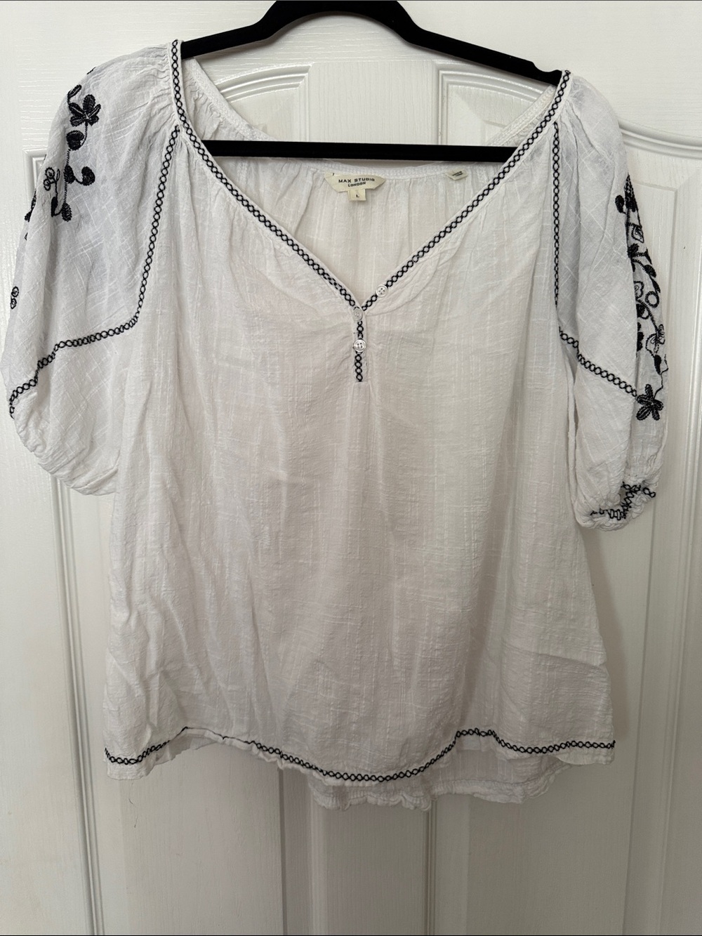 Max Studio White Peasant Blouse with Black Embroidery